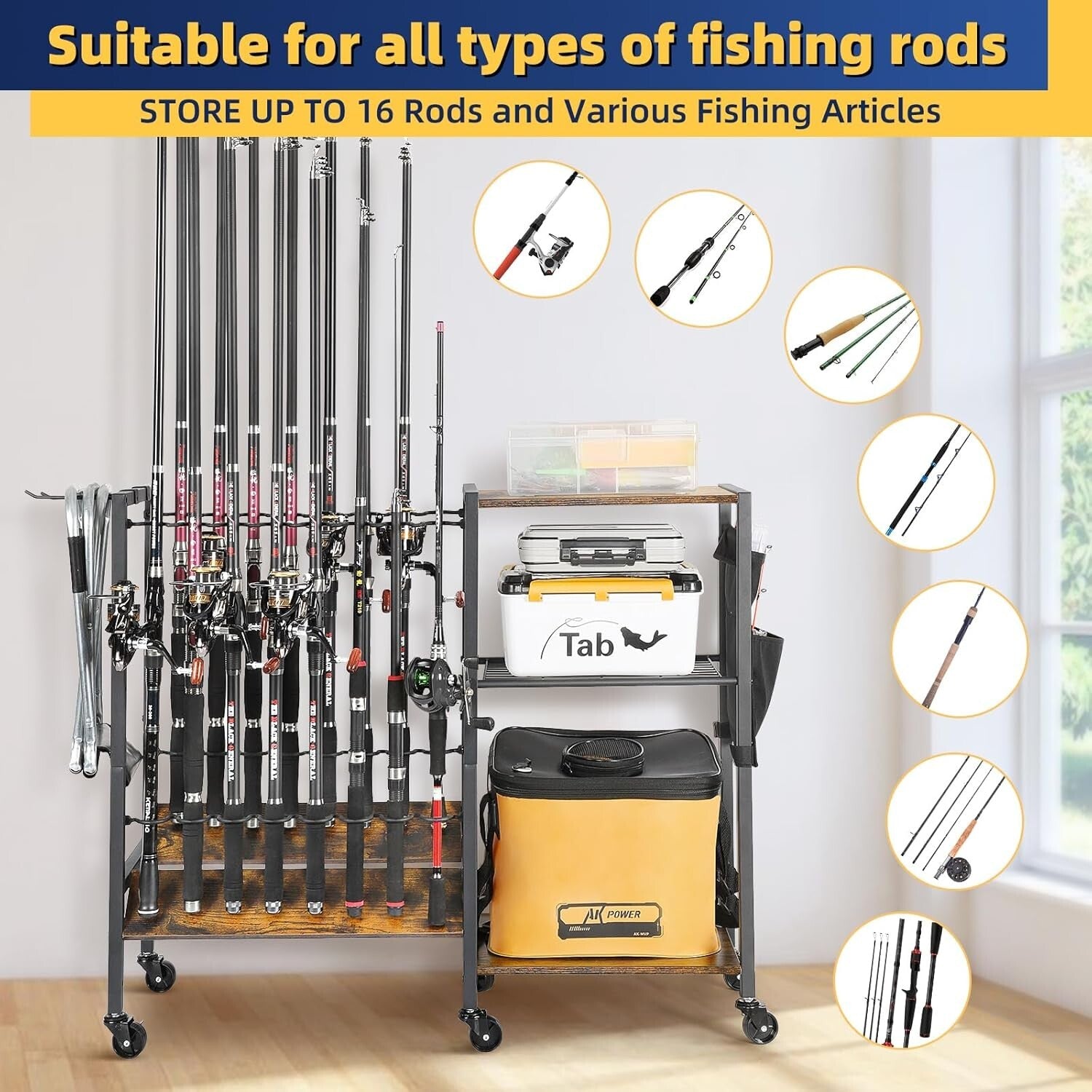 Professional Fishing Gear Storage on Wheels - 16 Rod Holder with Rubber Support