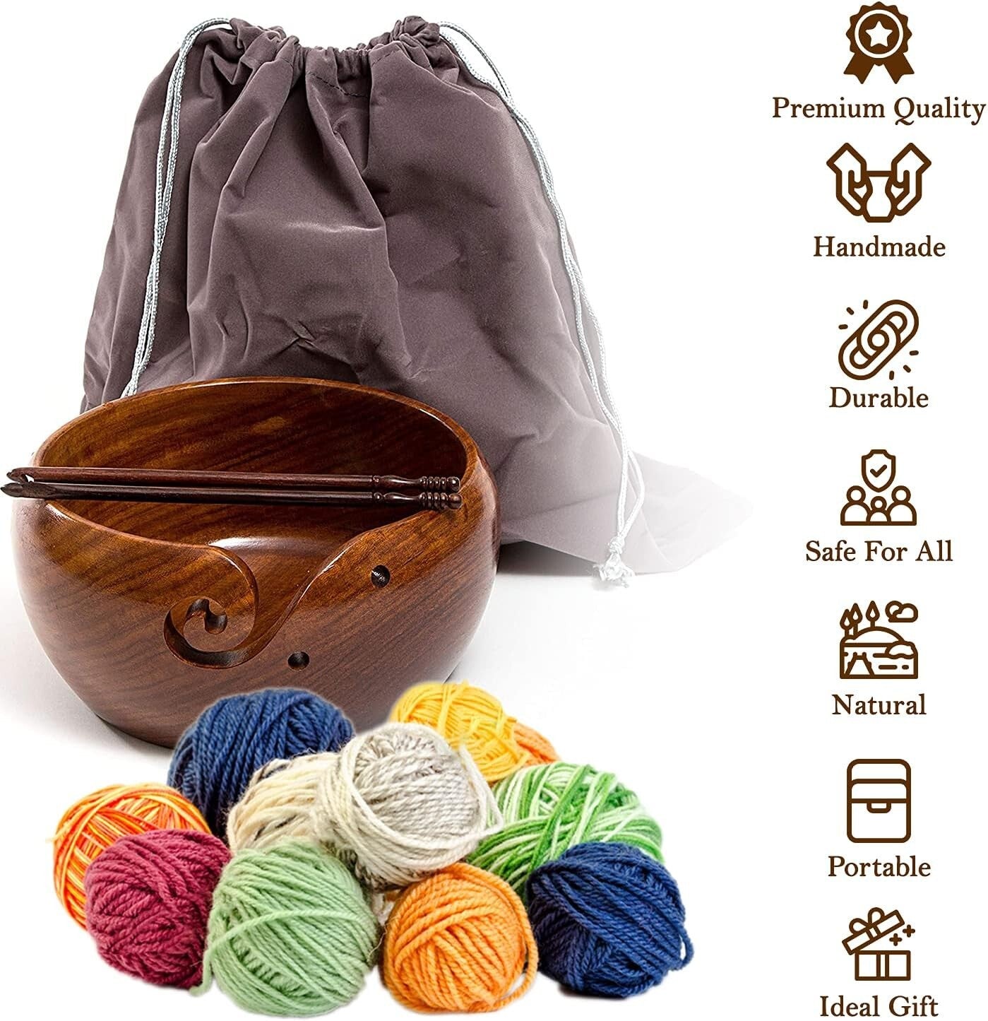 Deluxe 7x4 Rosewood Yarn Holder with Crochet Hooks & Travel Bag - Perfect Gift