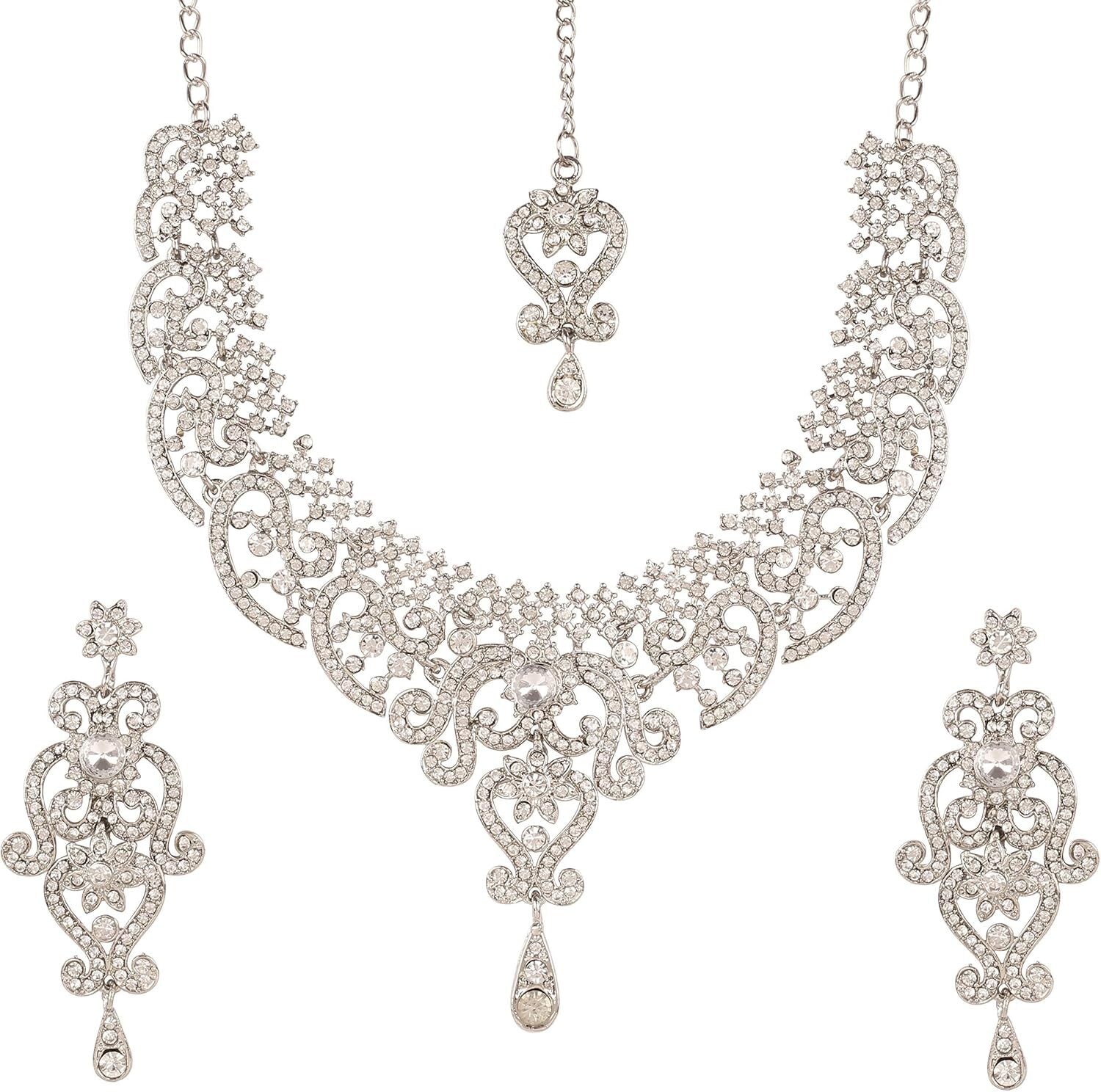 Bridal Elegance: White Crystal Jewelry Set with Necklace & Extra Long Earrings