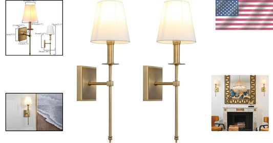Classic Brass and White Fabric Wall Sconce Set for Living and Dining Rooms