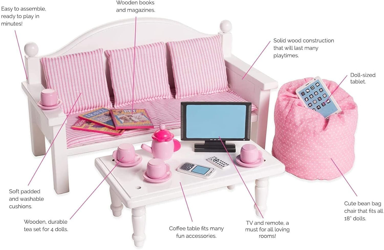 Durable Doll Furniture Set for 14-18" Dolls - Couch, Table & Play Accessories