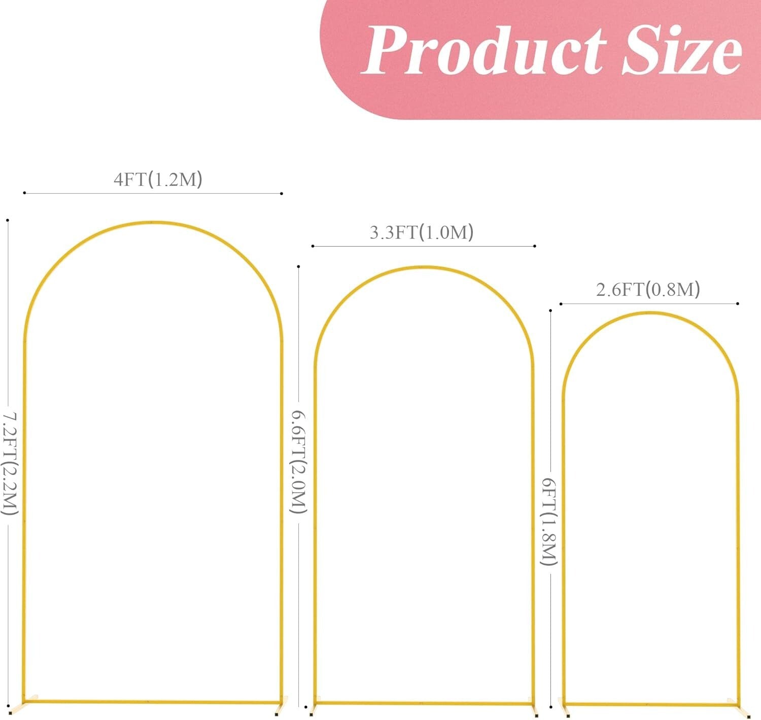 Elegant Gold Wedding Arch Stand Set of 3 - 7.2FT, 6.6FT & 6FT Backdrop Frame