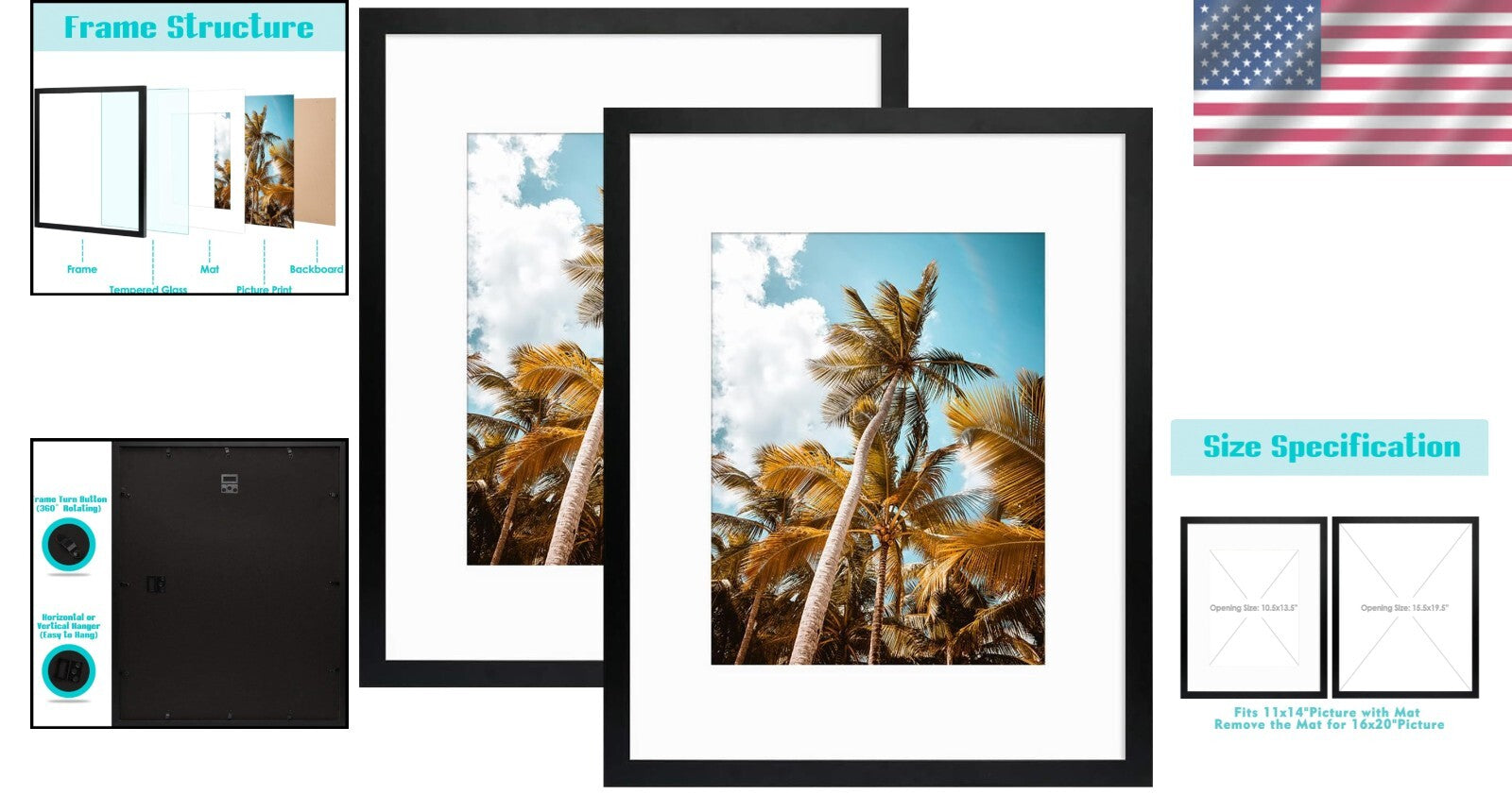Modern Black Gallery Wall Frames 16x20 with 11x14 Mat - 2 Pack for Photos