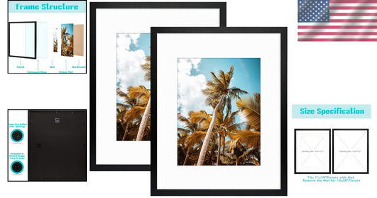 Modern Black Gallery Wall Frames 16x20 with 11x14 Mat - 2 Pack for Photos