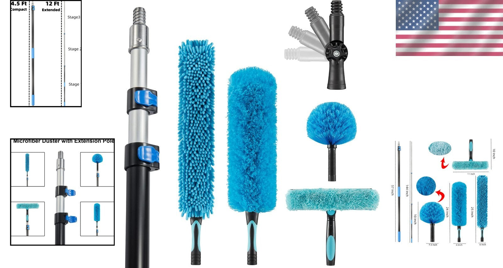 Bendable Feather Duster Kit for High Ceilings - 5-12ft Extension Pole Included