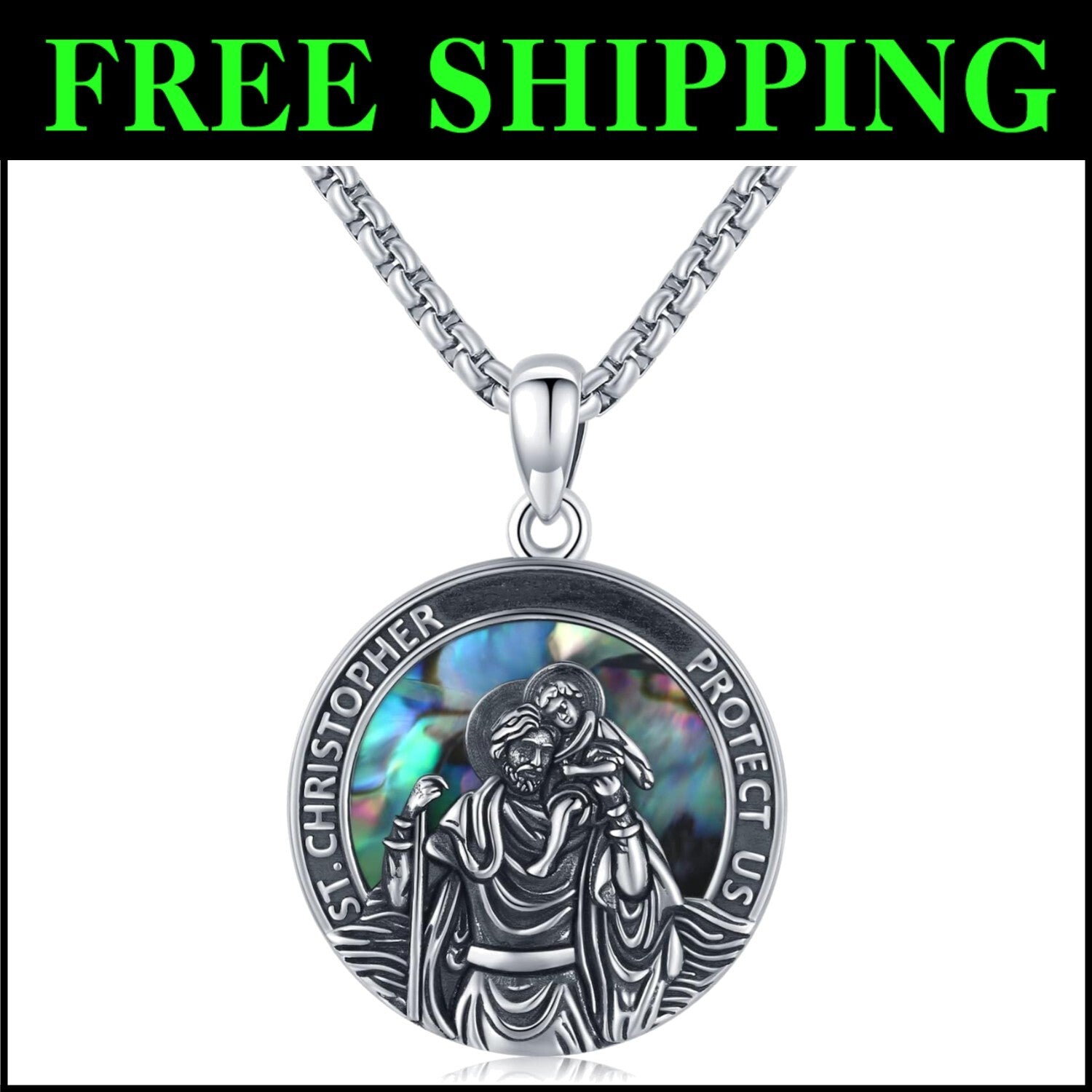 Elegant St Christopher Protection Necklace - 925 Silver and Abalone Gift Boxed