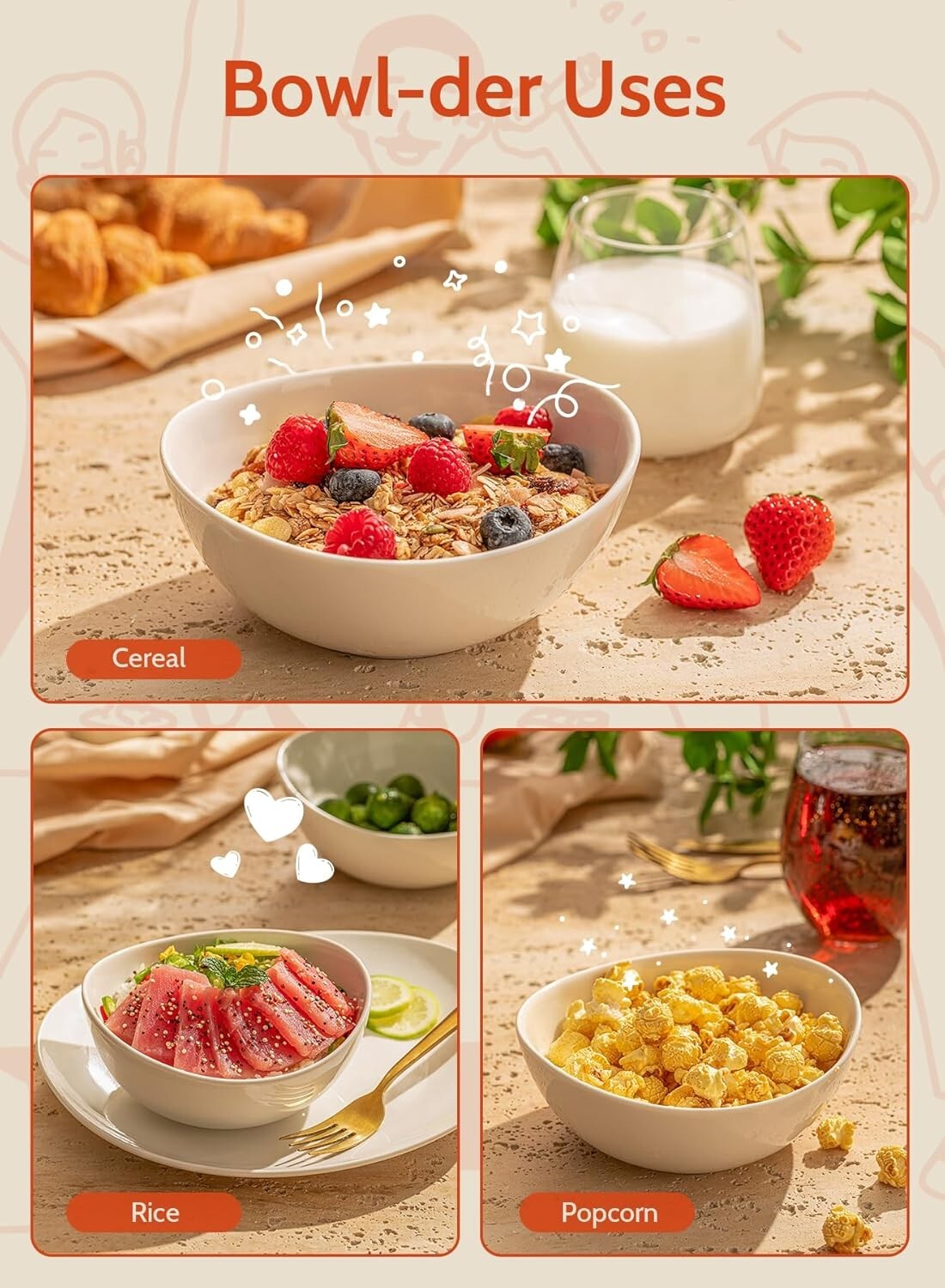 Elegant 6-Piece Porcelain Bowls, 18 oz - Microwave & Dishwasher Safe