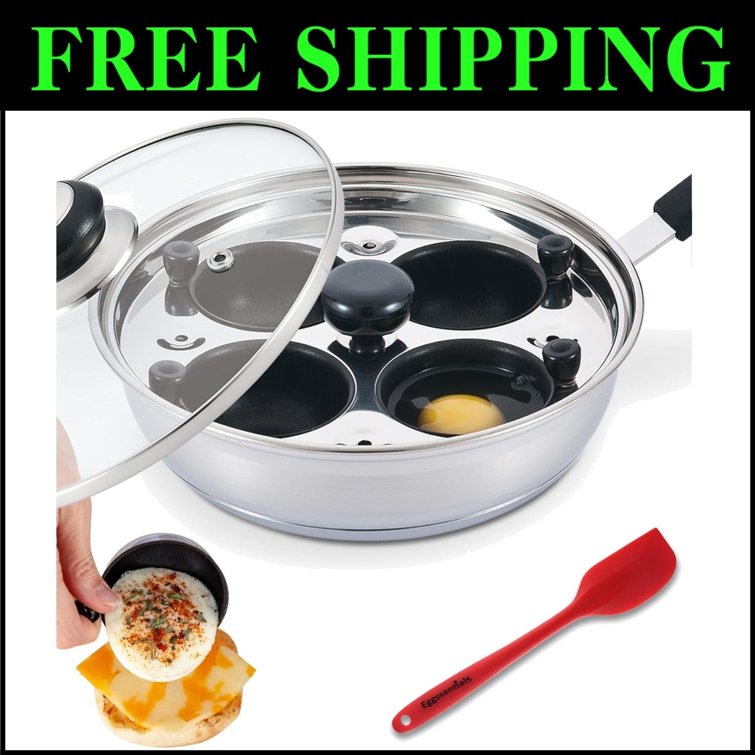 Deluxe Poached Egg Cooker - Sauté Pan with Tempered Glass Lid & Cool Handle