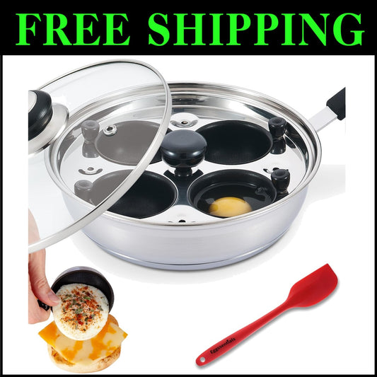 Deluxe Poached Egg Cooker - Sauté Pan with Tempered Glass Lid & Cool Handle