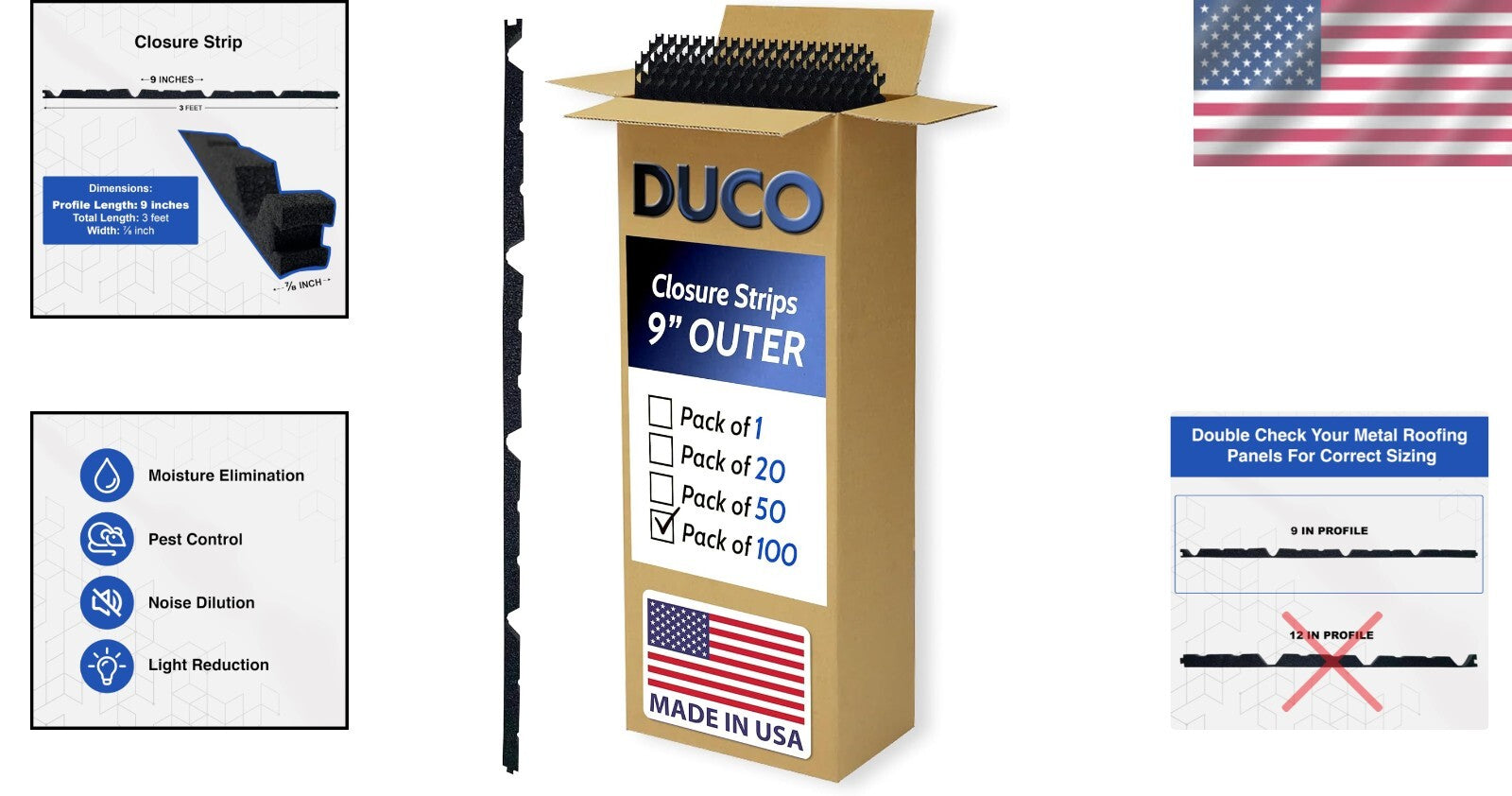 Interlocking 9" Foam Closure Strips for Metal Roofing - 100 Pack, Easy Install