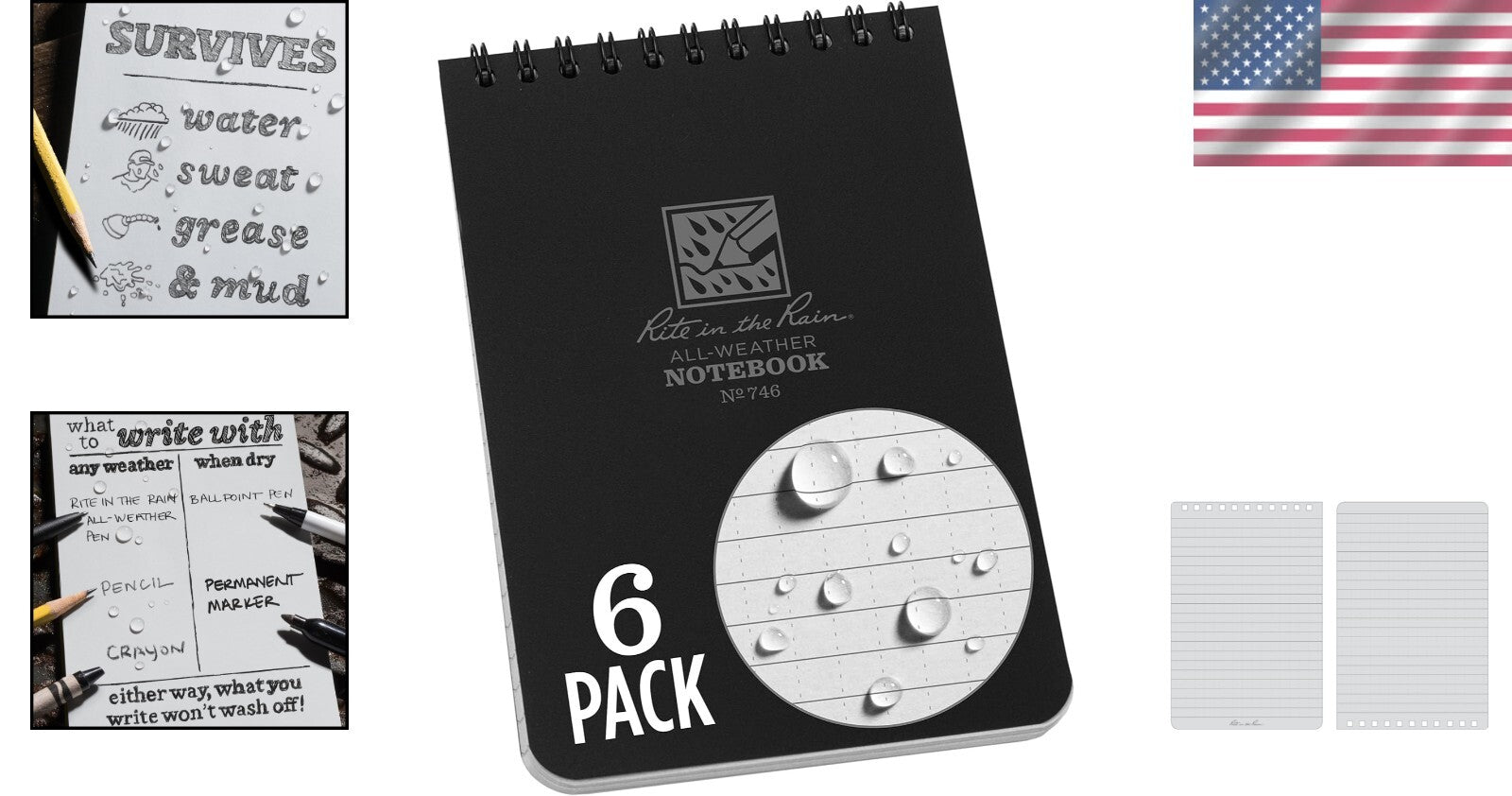 All-Weather 4" x 6" Pocket Notebooks - Weatherproof Paper & Eco-Friendly 6 Pack