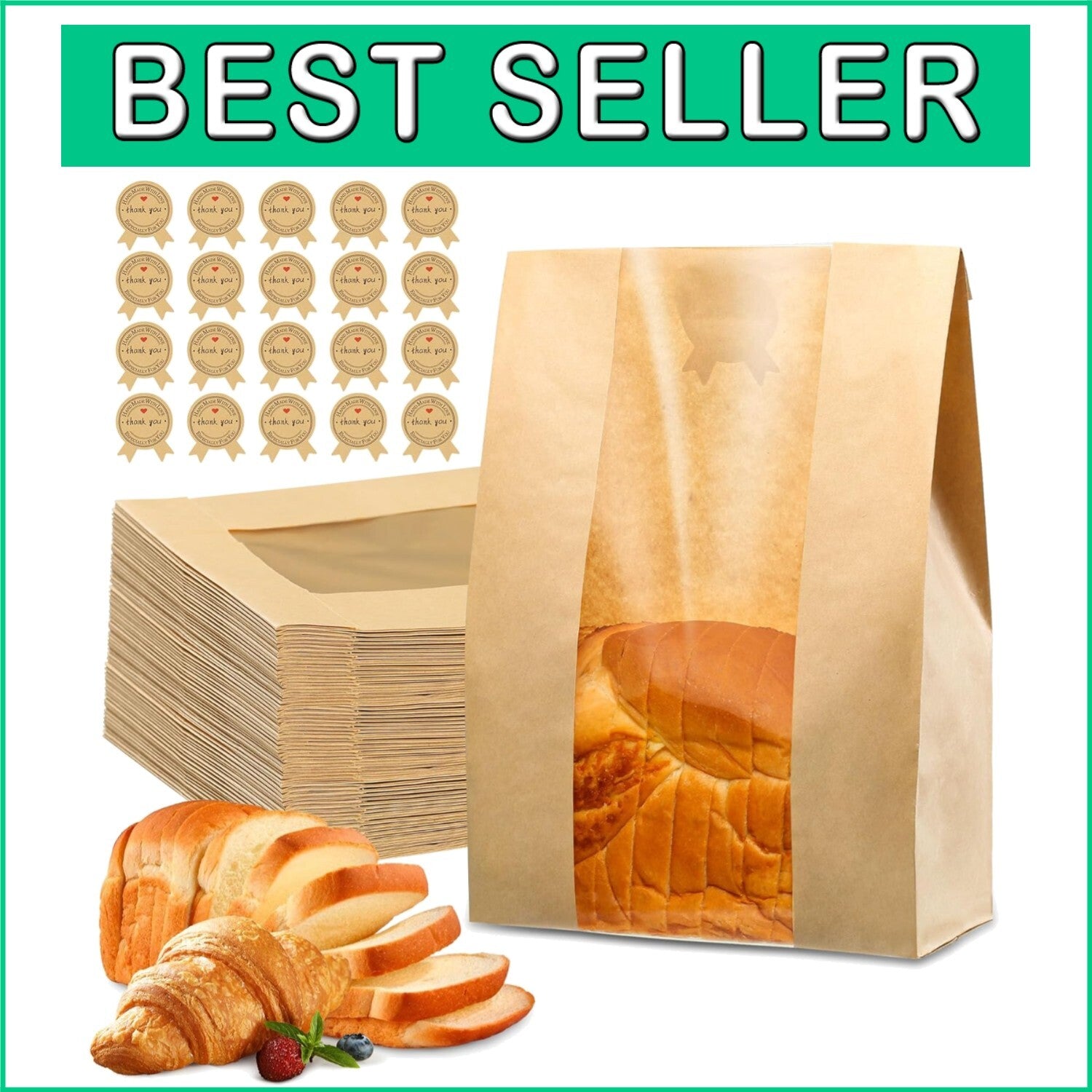 200 Pcs 50% Thicker Kraft Brown Bread Bags with Window & 210 Cute Stickers