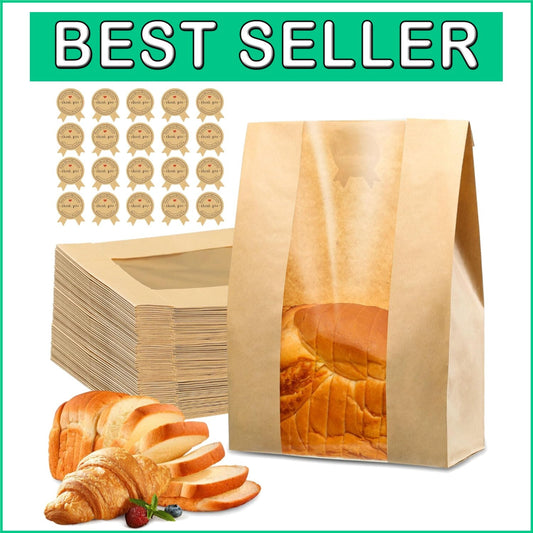 200 Pcs 50% Thicker Kraft Brown Bread Bags with Window & 210 Cute Stickers