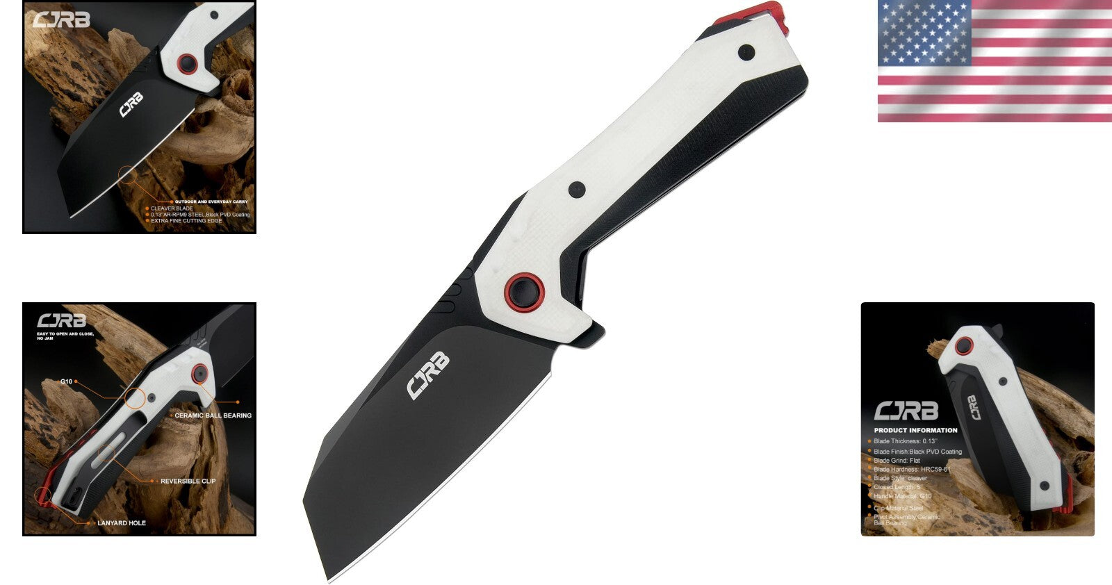 CJRB Tigris Tactical Knife - 3.5'' Cleaver Blade with Black & White G10 Handle