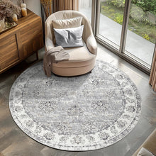 Load image into Gallery viewer, 6ft Round Floral Distressed Area Rug - Machine Washable &amp; Non-Slip Grey Elegance