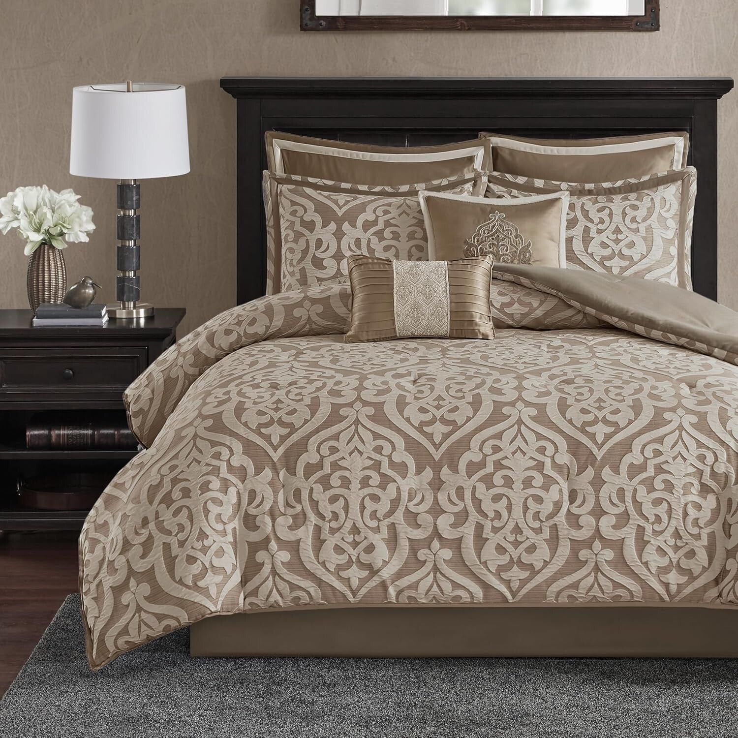 Odette 8-Piece Tan Comforter Set - Jacquard Fabric with Decorative Pillows