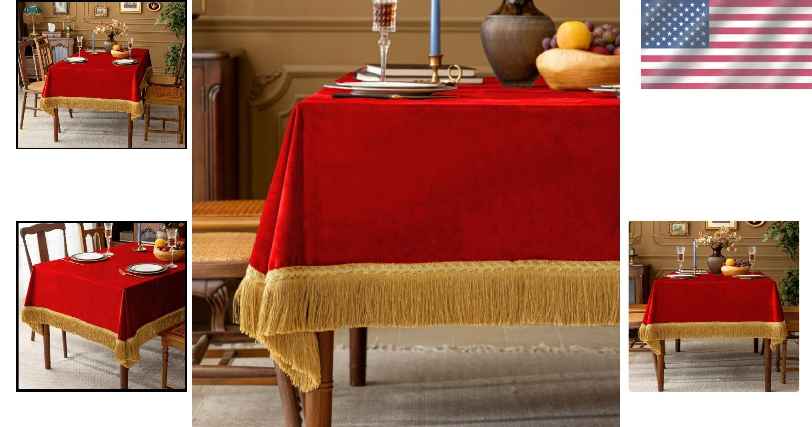 Elegant 60x120-Inch Red Velvet Tablecloth with Gold Tassel for Luxurious Dining