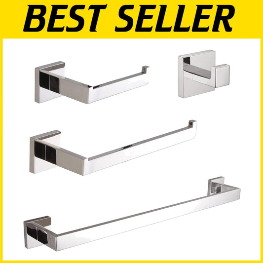 Elegant 4-Piece Wall Mounted Towel Bar Set - Polished Stainless Steel Finish