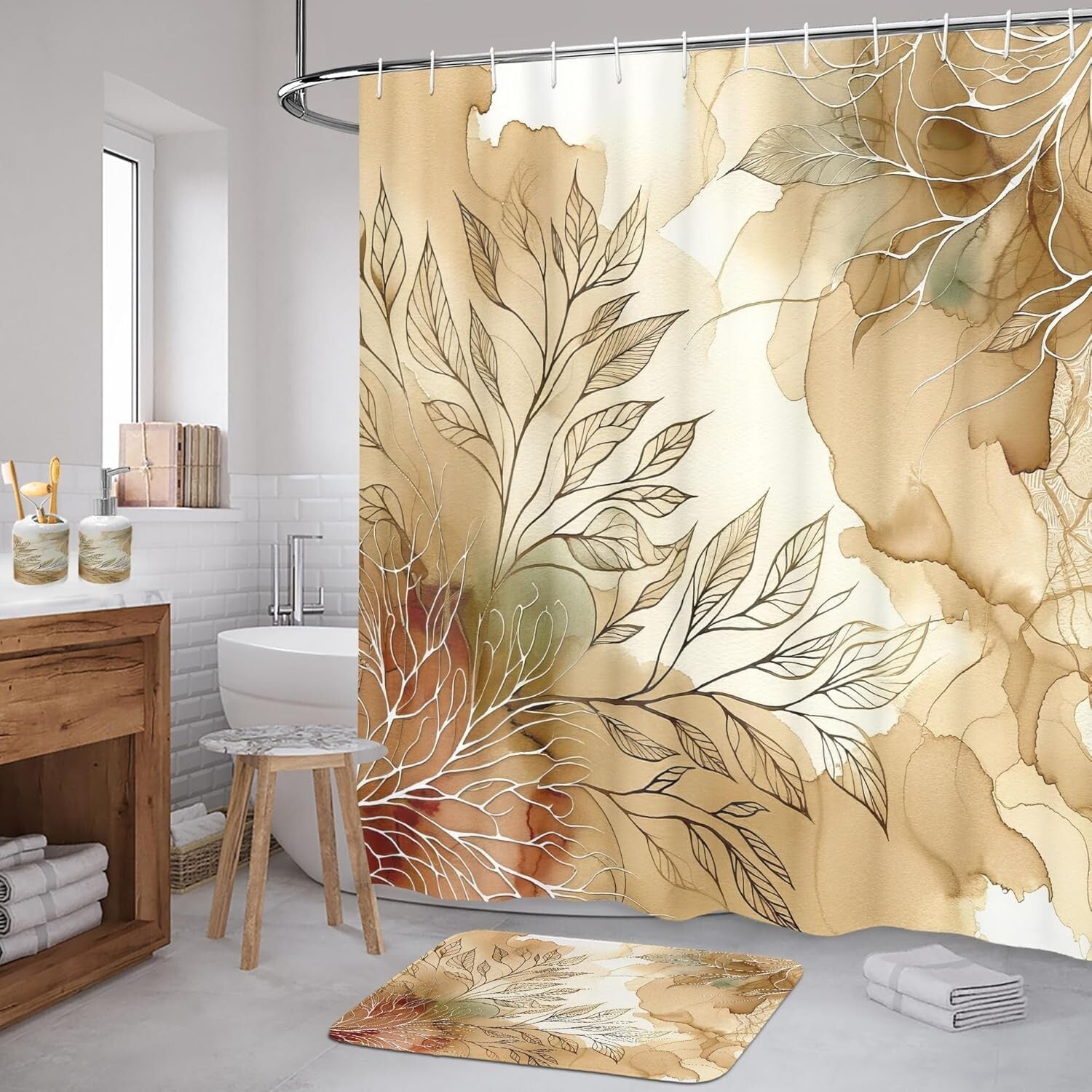 Elegant 4-Piece Bathroom Decor Set with Shower Curtain, Bath Mat, Soap Dispenser