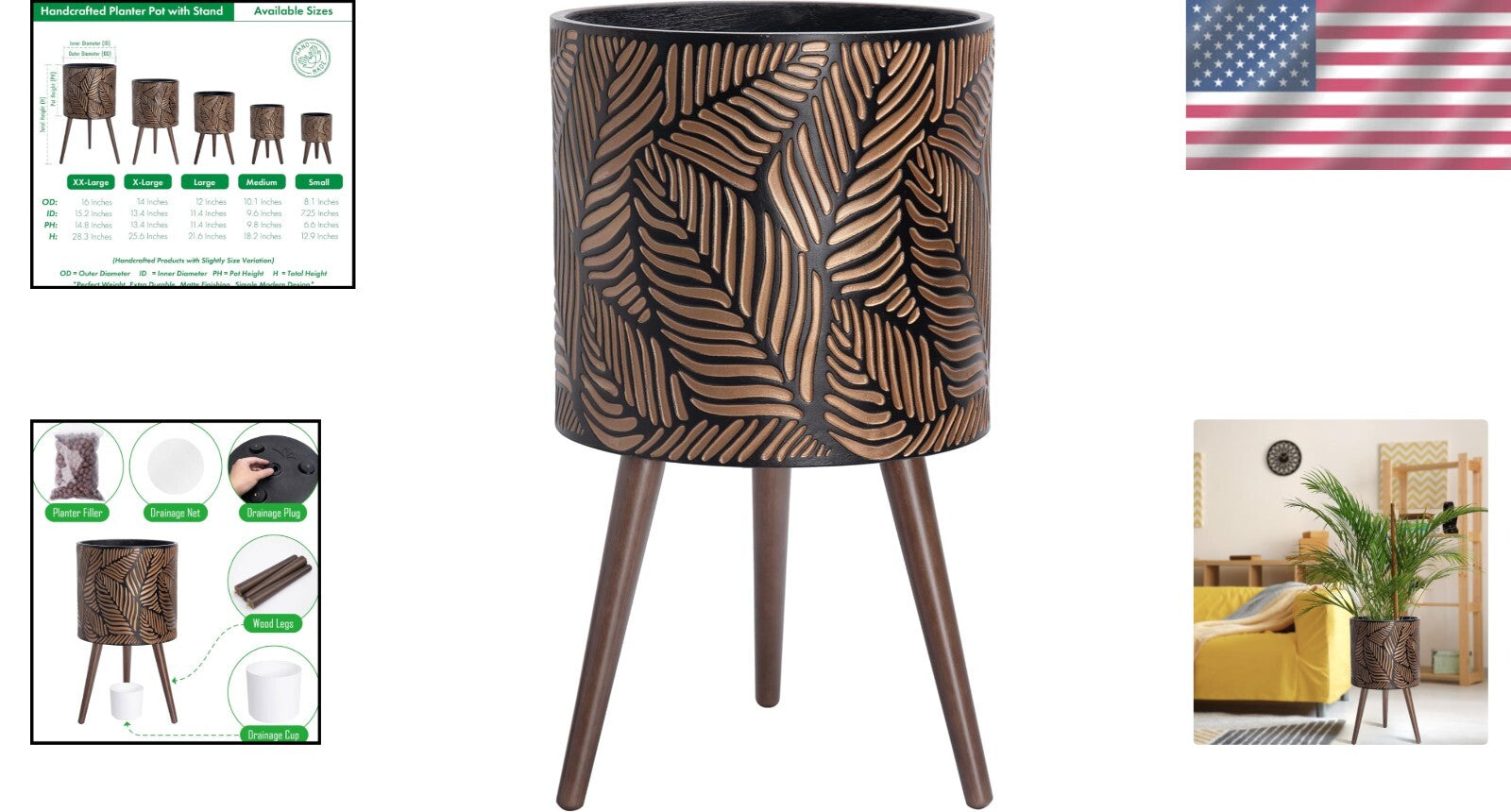 X-Large Handcrafted Planter Pot with Stylish Wooden Stand - 7 Gallon Capacity