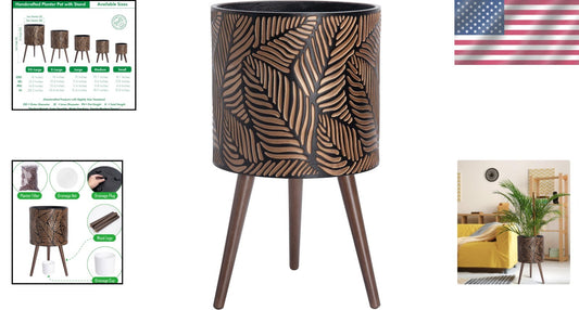 X-Large Handcrafted Planter Pot with Stylish Wooden Stand - 7 Gallon Capacity