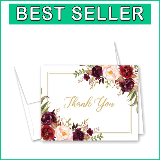 Chic Burgundy Floral Thank You Cards Pack of 50 - Ideal for Expressing Gratitude