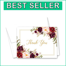 Load image into Gallery viewer, Chic Burgundy Floral Thank You Cards Pack of 50 - Ideal for Expressing Gratitude