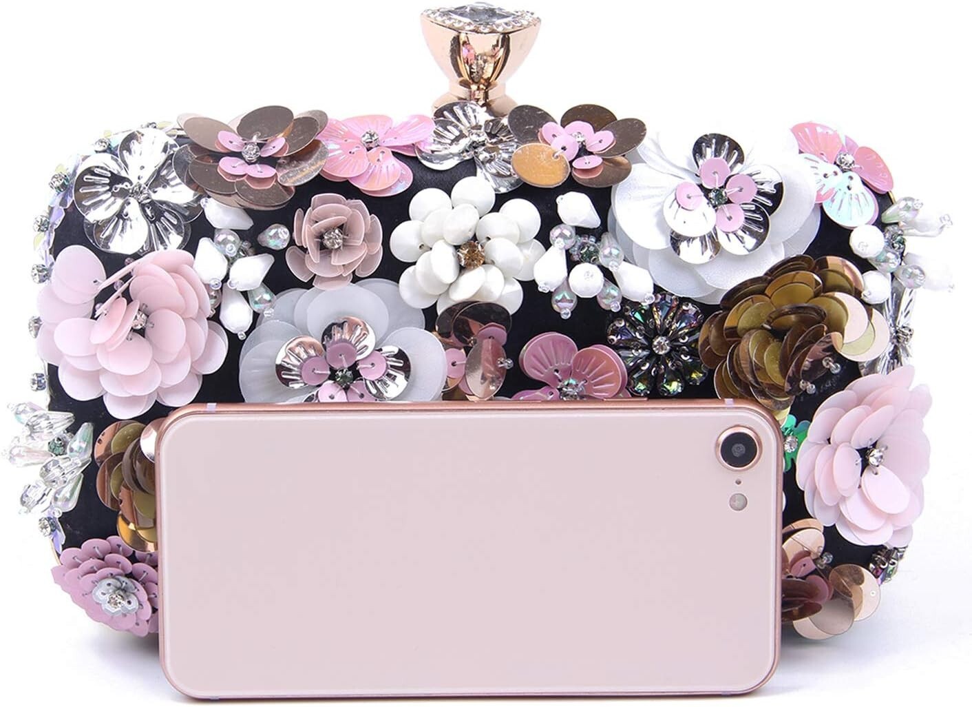 Elegant Evening Clutch with Rhinestone Closure & Floral Detail - Women’s Fashion