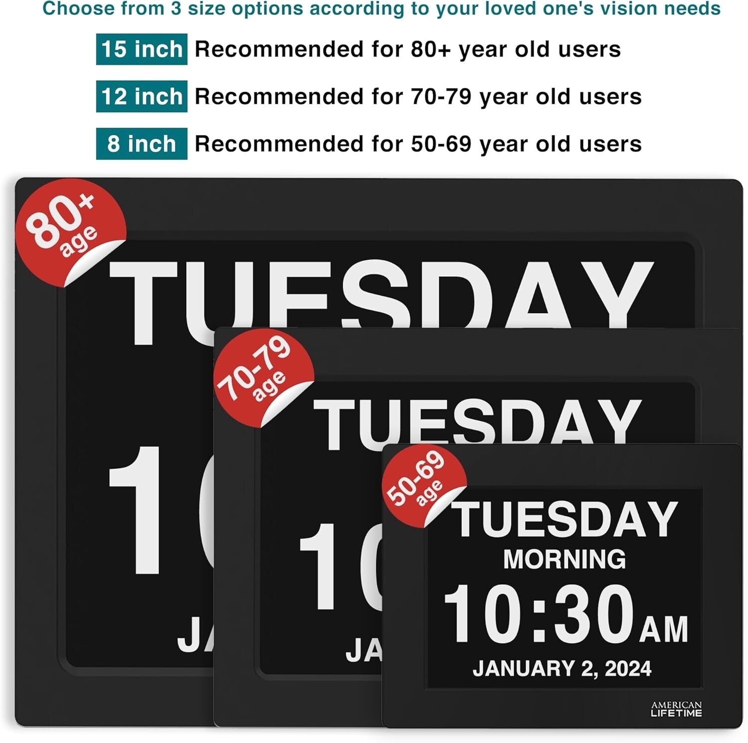 Elegant Mahogany Digital Clock with Custom Alarms for Seniors – 15-Inch Display