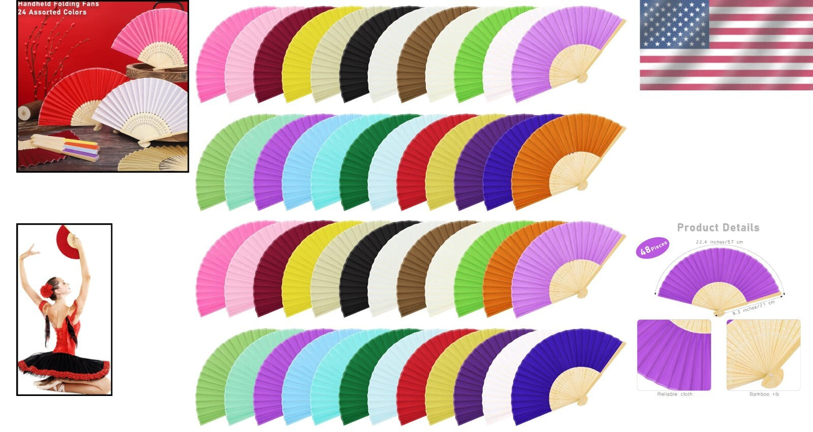 Decorative 48 Silk Bamboo Folding Fans - Perfect for Summer Parties & Weddings