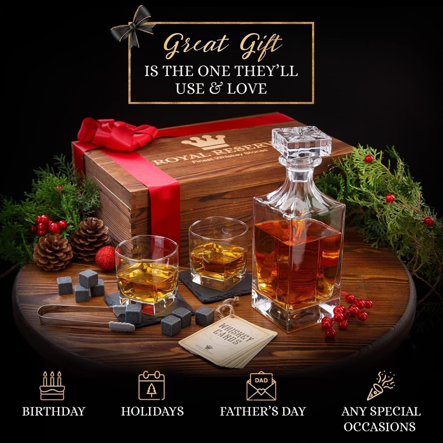 Premium Bourbon Decanter and Glasses Set in Handmade Box - Whiskey Gifts for Him