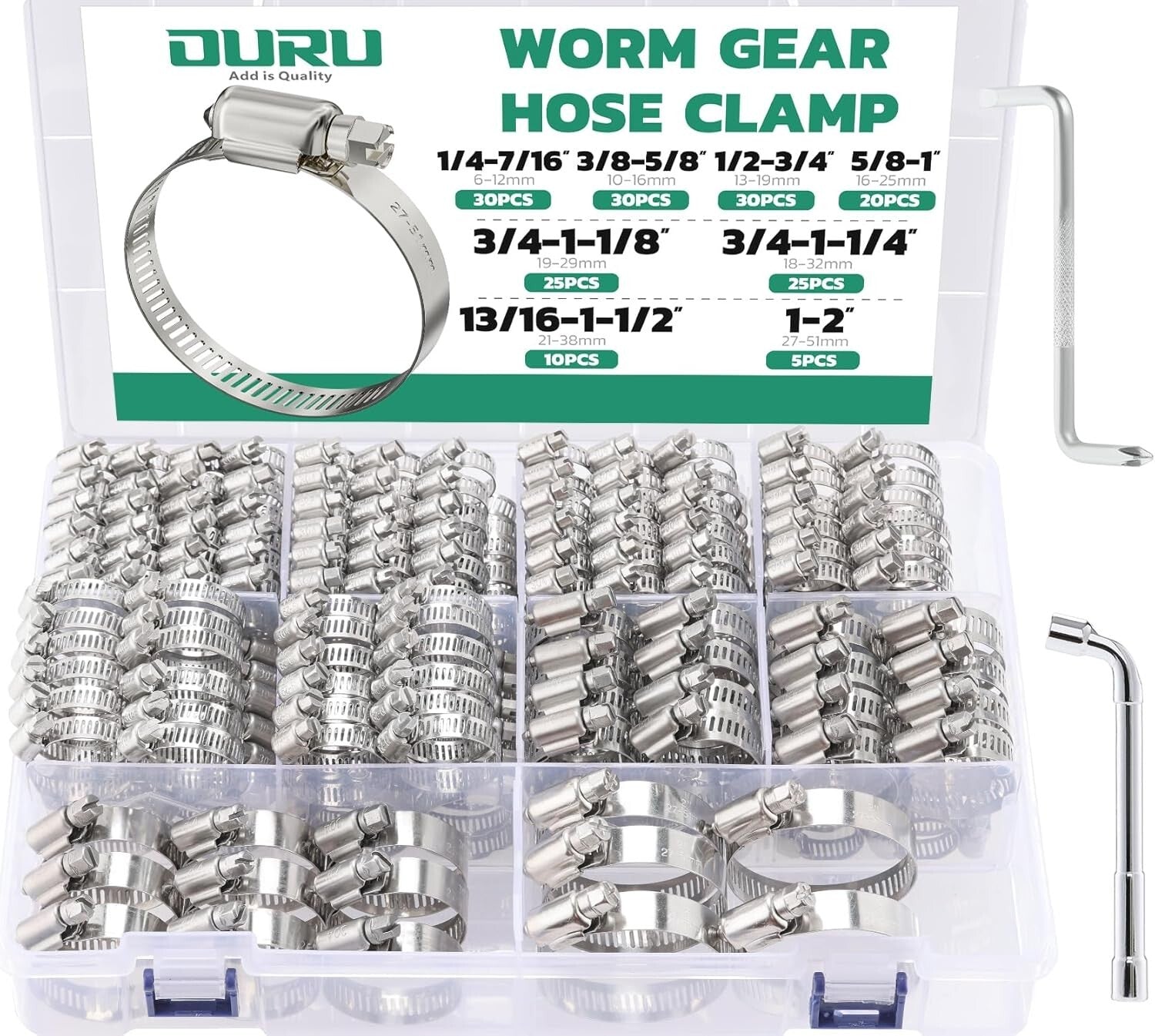 Durable 175PCS Adjustable Hose Clamps, 1/4"-2" for Automotive & Garden Needs