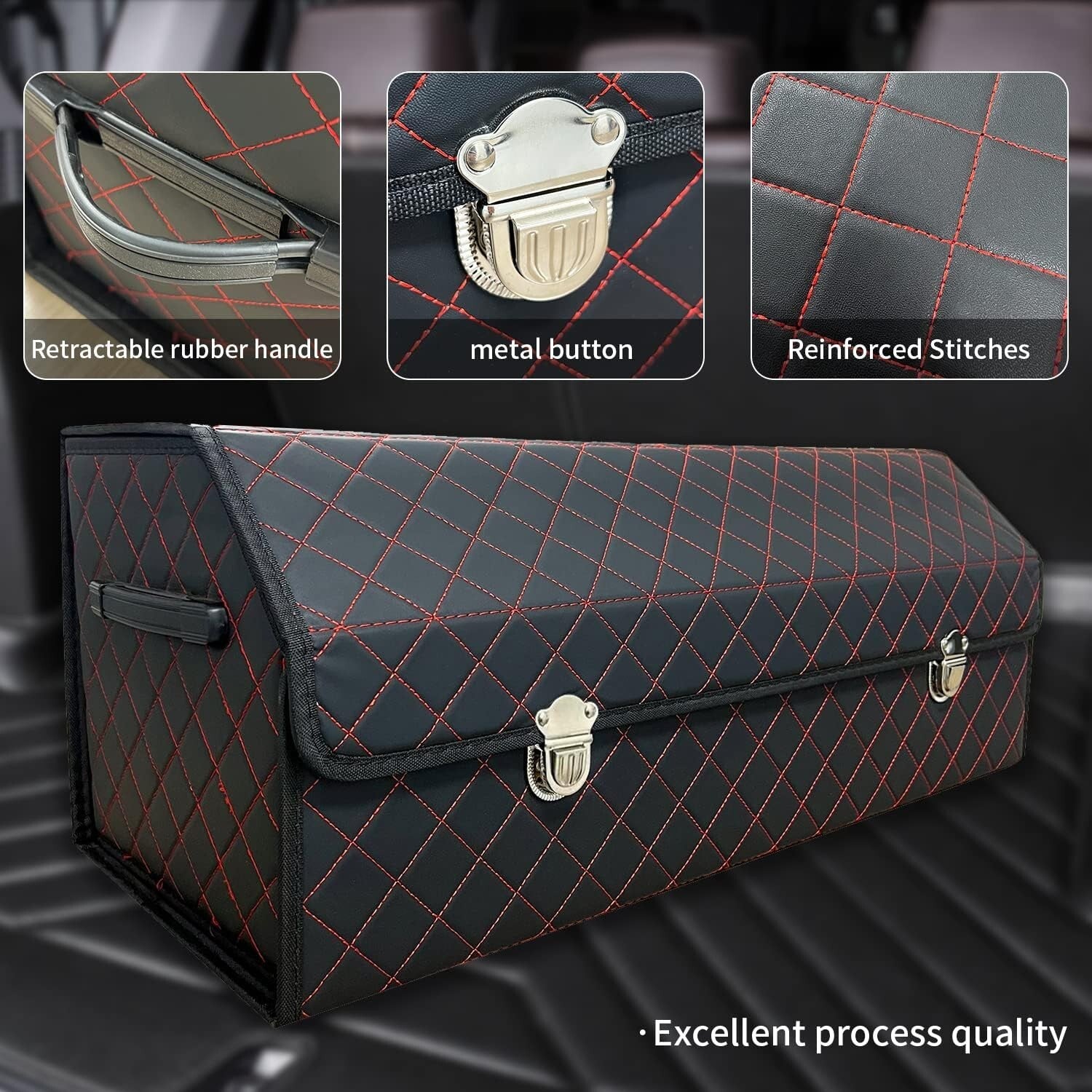 Elegant Foldable Black Red Grid Car Storage Box - Keeps Your Trunk Organized