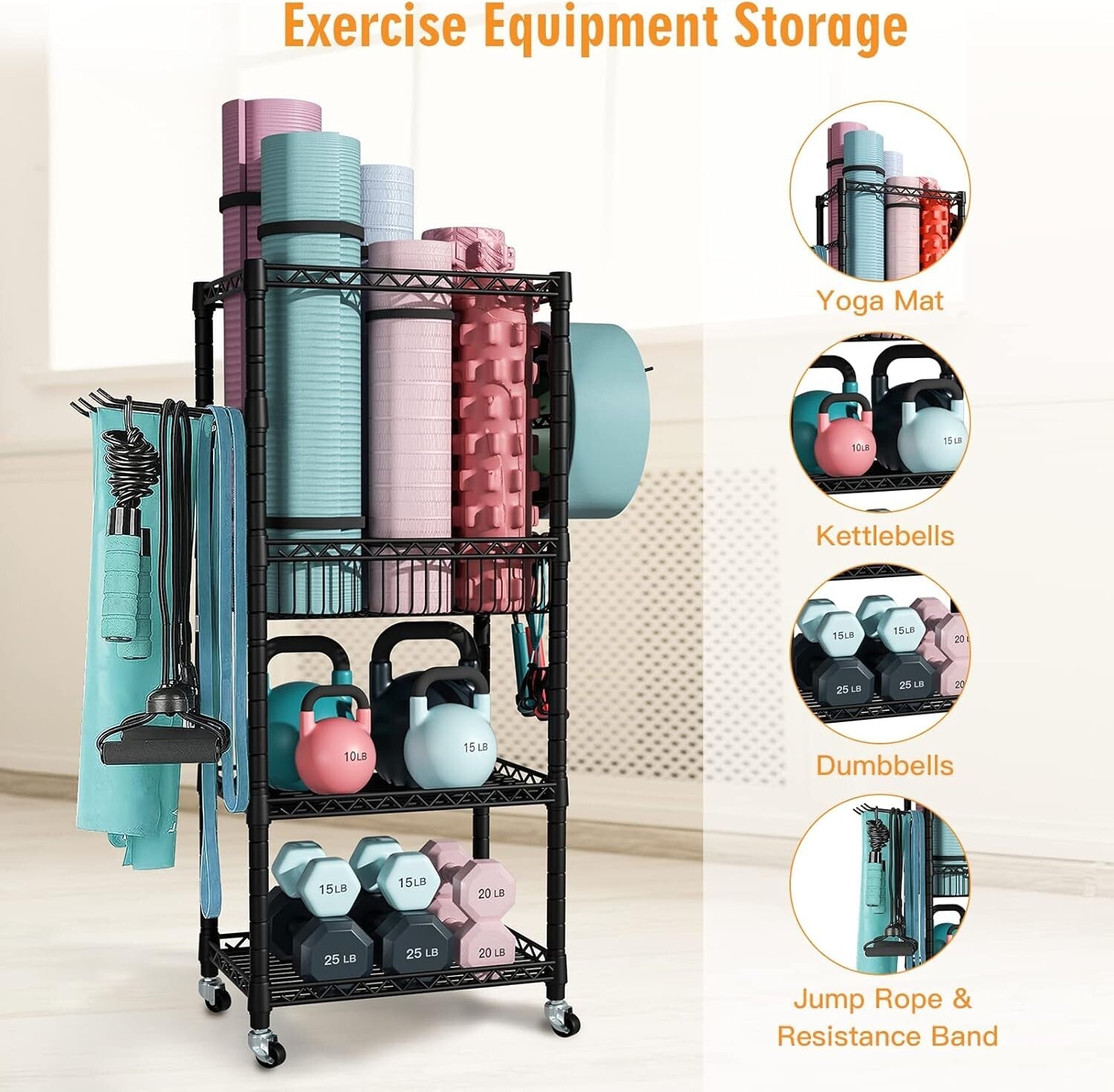 3-Tier Home Gym Storage Rack with Wheels - Organize Your Workout Gear Elegantly