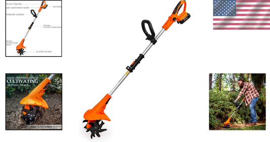 20V Battery-Operated Tiller with 24 Steel Blades for Effortless Soil Tilling