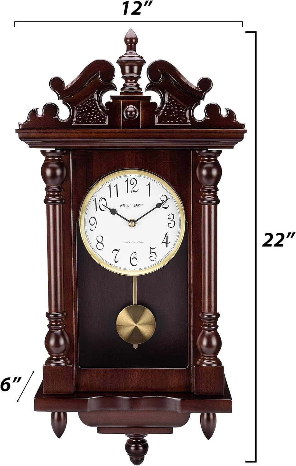 22" Tall Wooden Wall Clock with 4 Chime Options & Elegant Swinging Pendulum