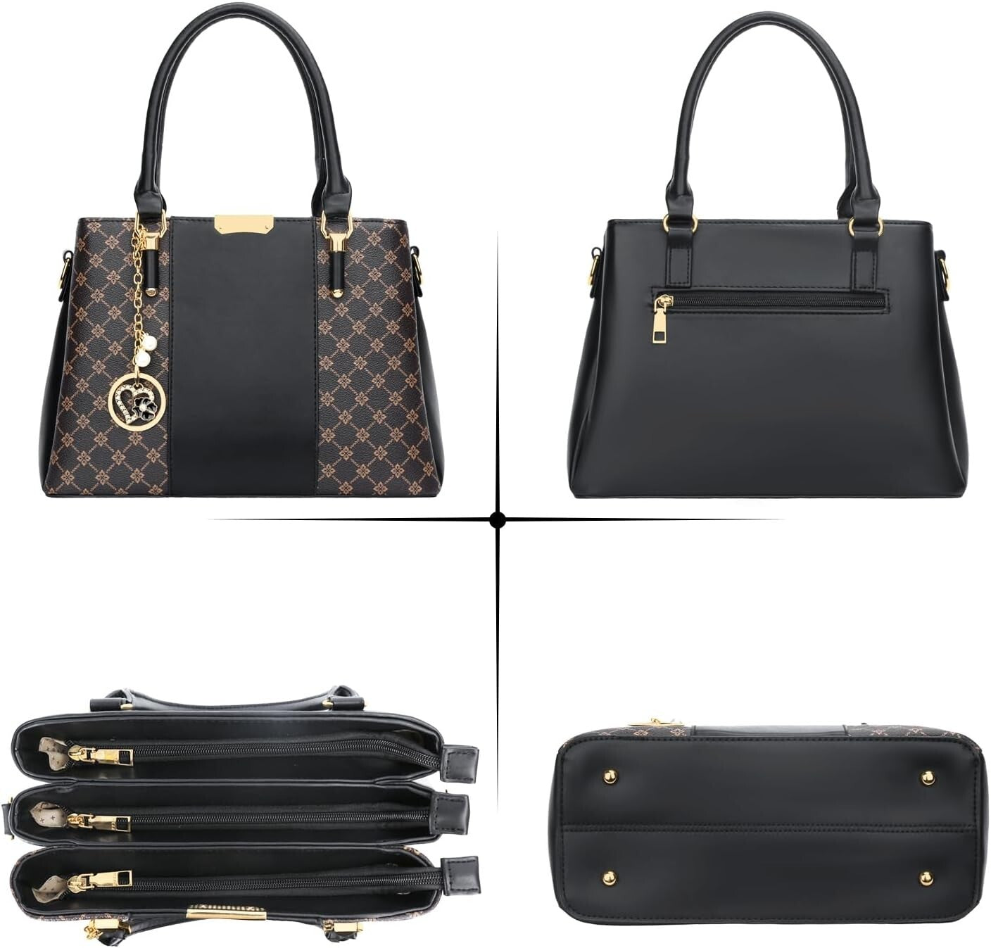 Elegant Floral Vegan Leather Handbag with 3 Zippered Compartments for Women