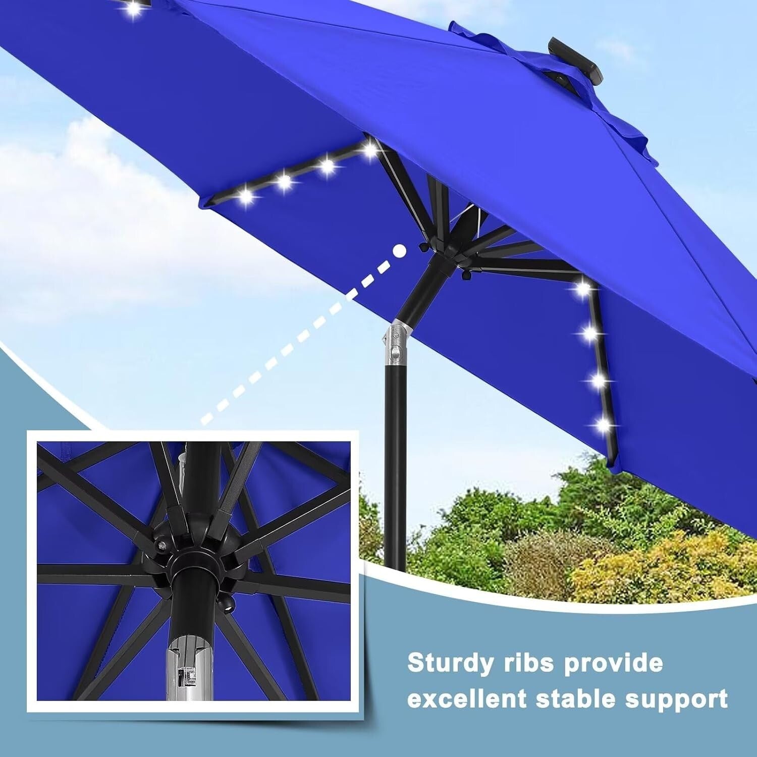 Durable Royal Blue Patio Umbrella with 32 Solar LED Lights - Effortless Shade