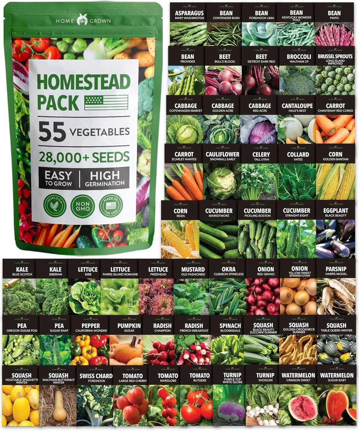 55 Heirloom Vegetable Seeds Pack – Non-GMO Survival Garden Kit for All Seasons