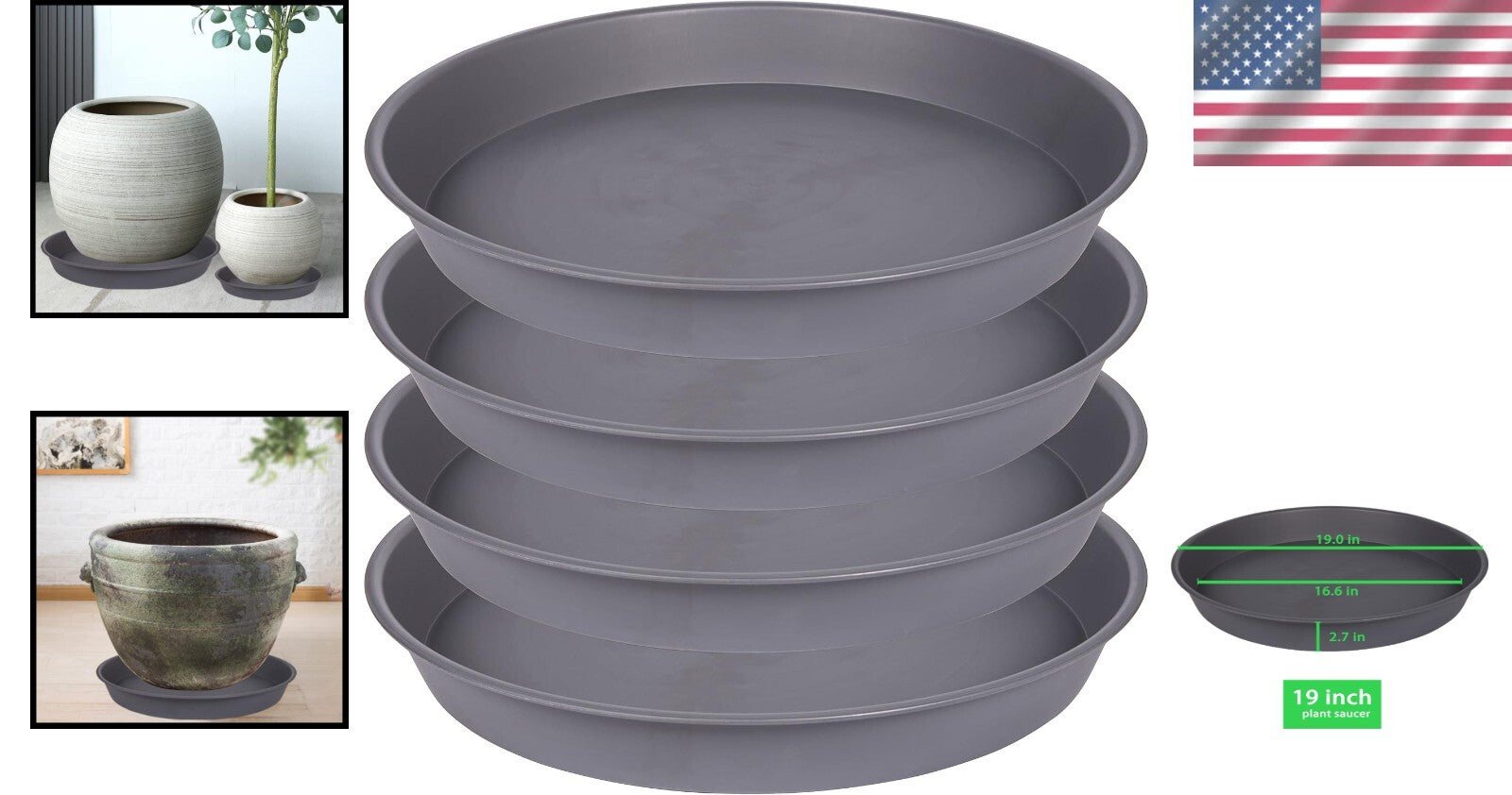 Deep 19" Plant Saucers - 4 Pack of Matte Finish Drip Trays for Garden & Home