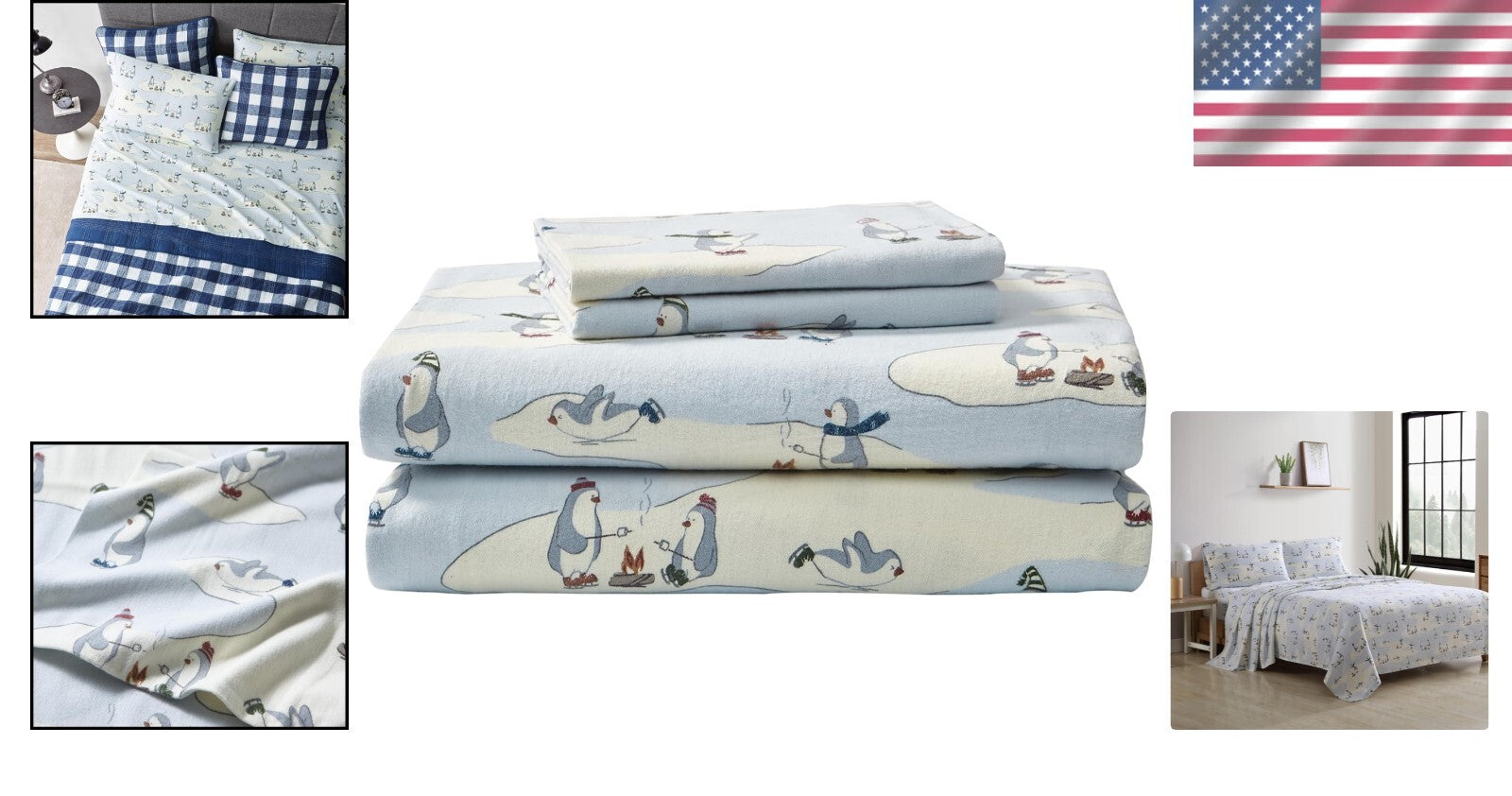 Soft Brushed Cotton Flannel Twin Bedding Set - Skating Penguin Print