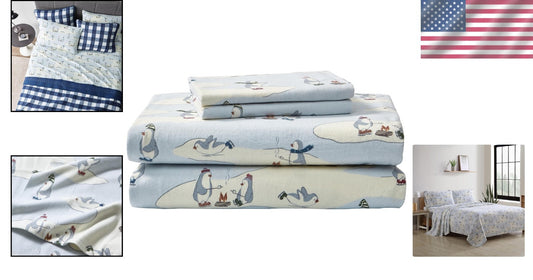 Soft Brushed Cotton Flannel Twin Bedding Set - Skating Penguin Print