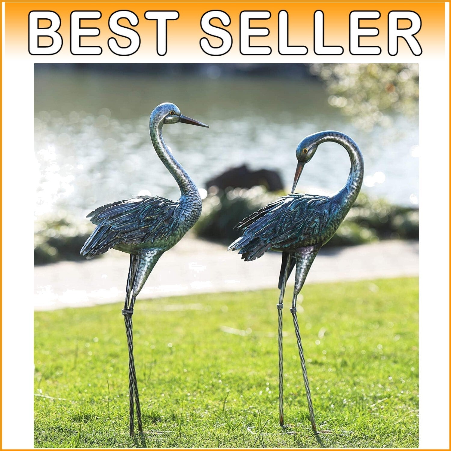 Charming Garden Crane Statue Set - Elegant Blue Heron Yard Art for Outdoor Decor