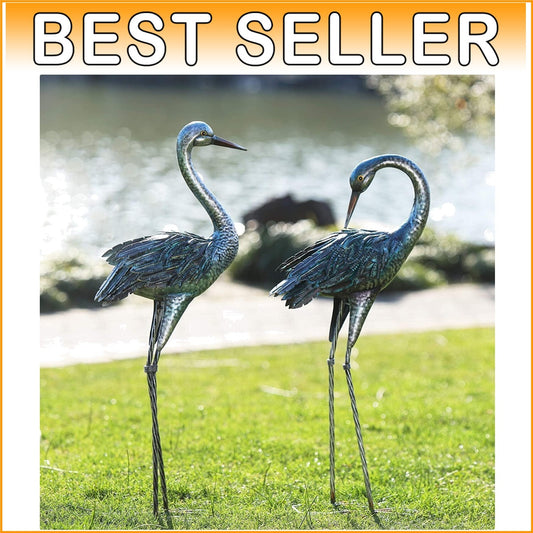 Charming Garden Crane Statue Set - Elegant Blue Heron Yard Art for Outdoor Decor