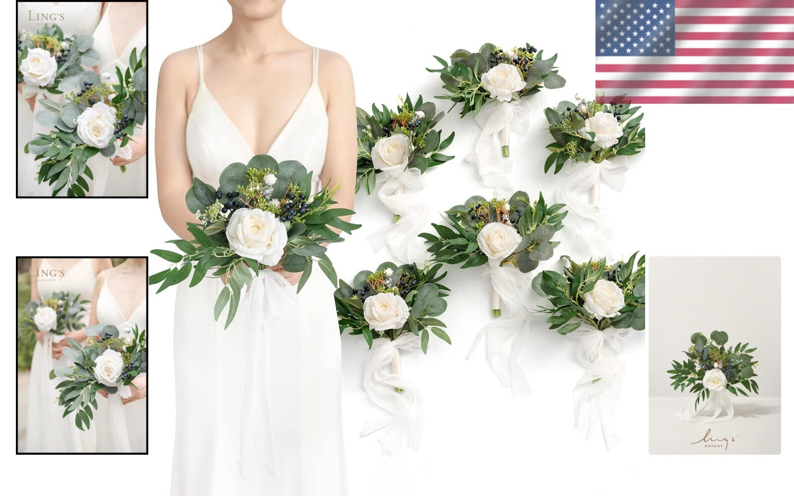 Durable Silk Bridesmaid Bouquets in White and Sage - Set of 6 for Ceremonies