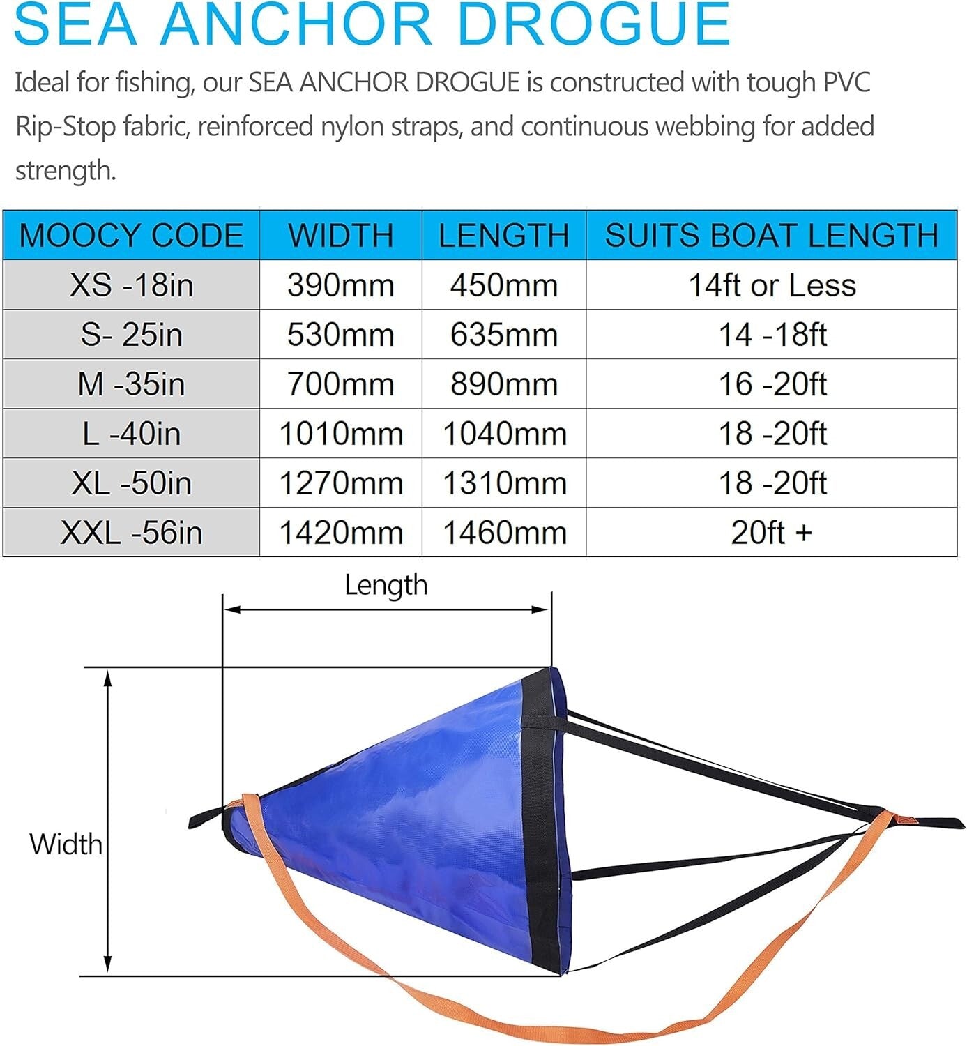 Durable 50in Drift Sock for Fishing - Blue PVC Drogue for Boat & Kayak Stability