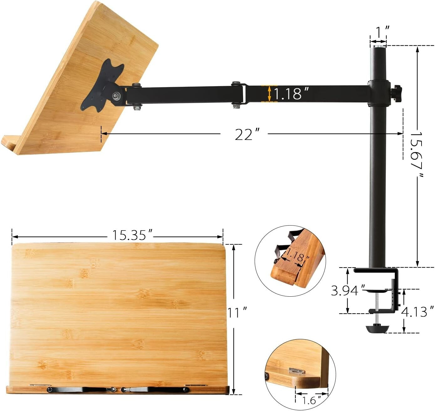 Ergonomic Desktop Book Holder - XL Bamboo Clamp Stand for Cooking and Study