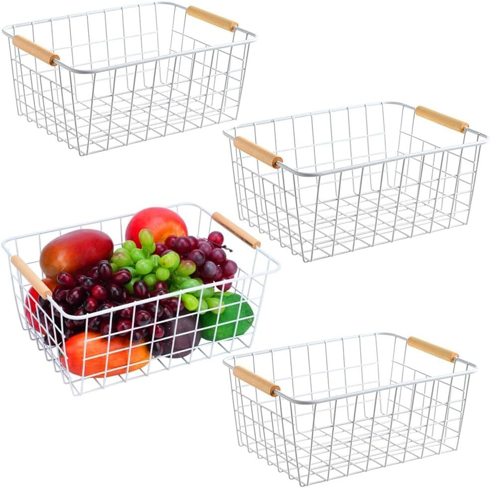 Durable New-White Wire Baskets with Handles - Perfect for Pantry and Closet