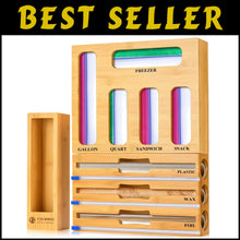 Load image into Gallery viewer, Natural Bamboo Kitchen Storage Organizer for Bags, Wraps &amp; Dispenser with Cutter