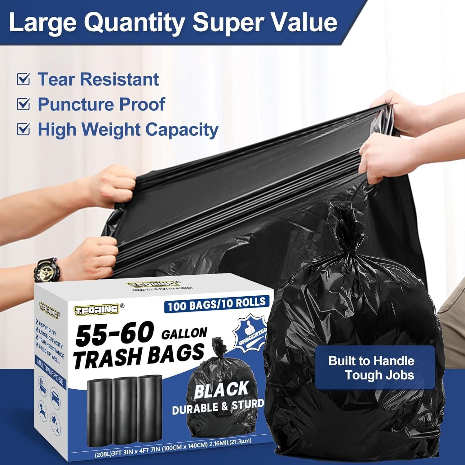 100 Heavy-Duty Unscented Trash Bags - 55-60 Gallon Waterproof Can Liners - Black